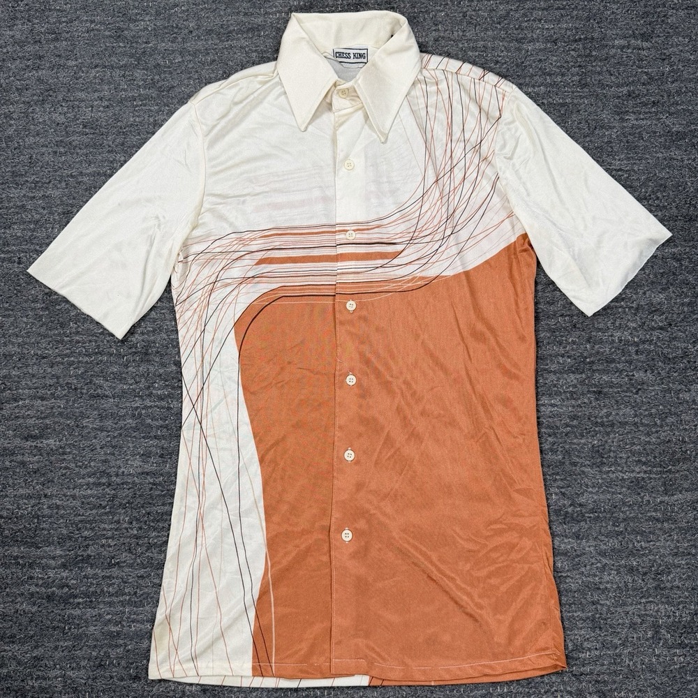 Vintage Chess King Shirt Men Small Nylon Dagger Collar Disco Abstract 70s Retro